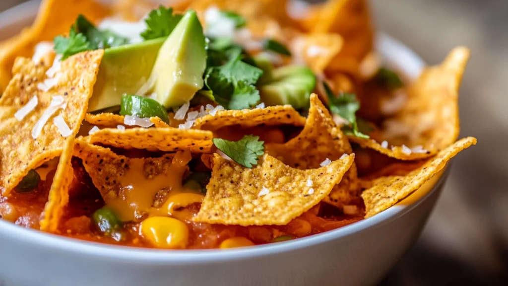 Taco soup with Fritos chips topping, Tex-Mex comfort food