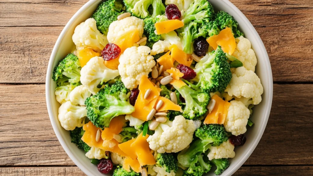 A bowl of broccoli cauliflower salad