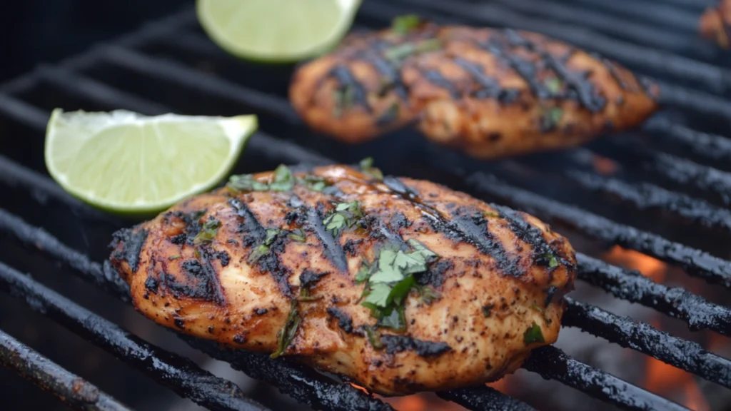 Grilled Mexican chicken marinated with Tex-Mex spices, citrus, and fresh herbs, served on a plate with charro beans and tortillas