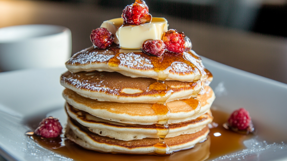 Fluffy pancakes made using Martha Stewart’s recipe on a white plate with syrup and butter