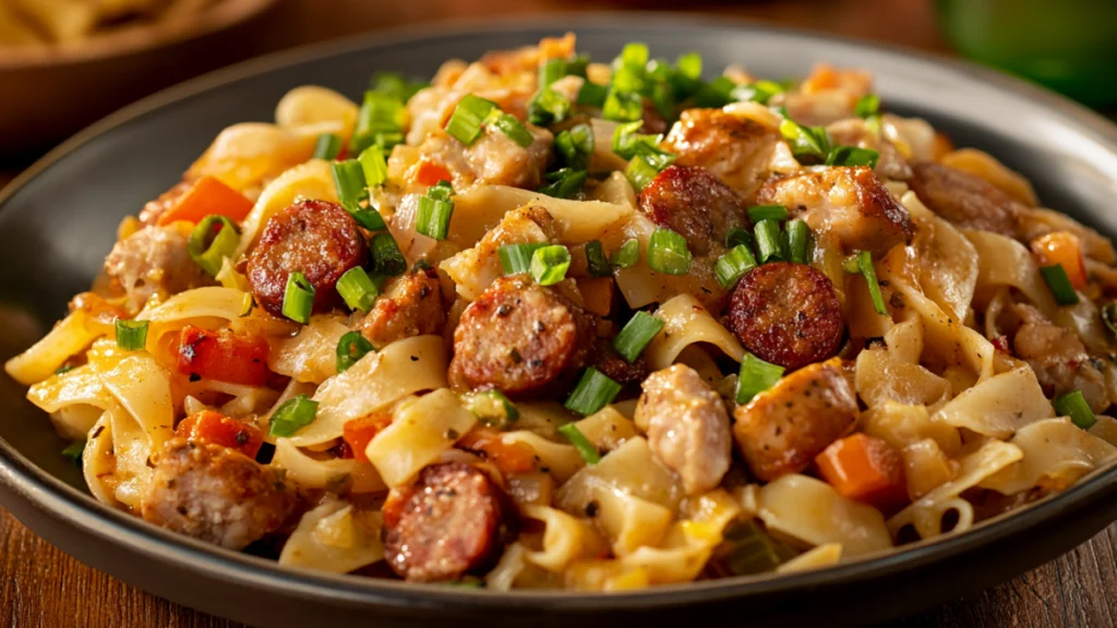 Delicious plate of authentic Pastalaya with sausage, chicken, and pasta, garnished with green onions.