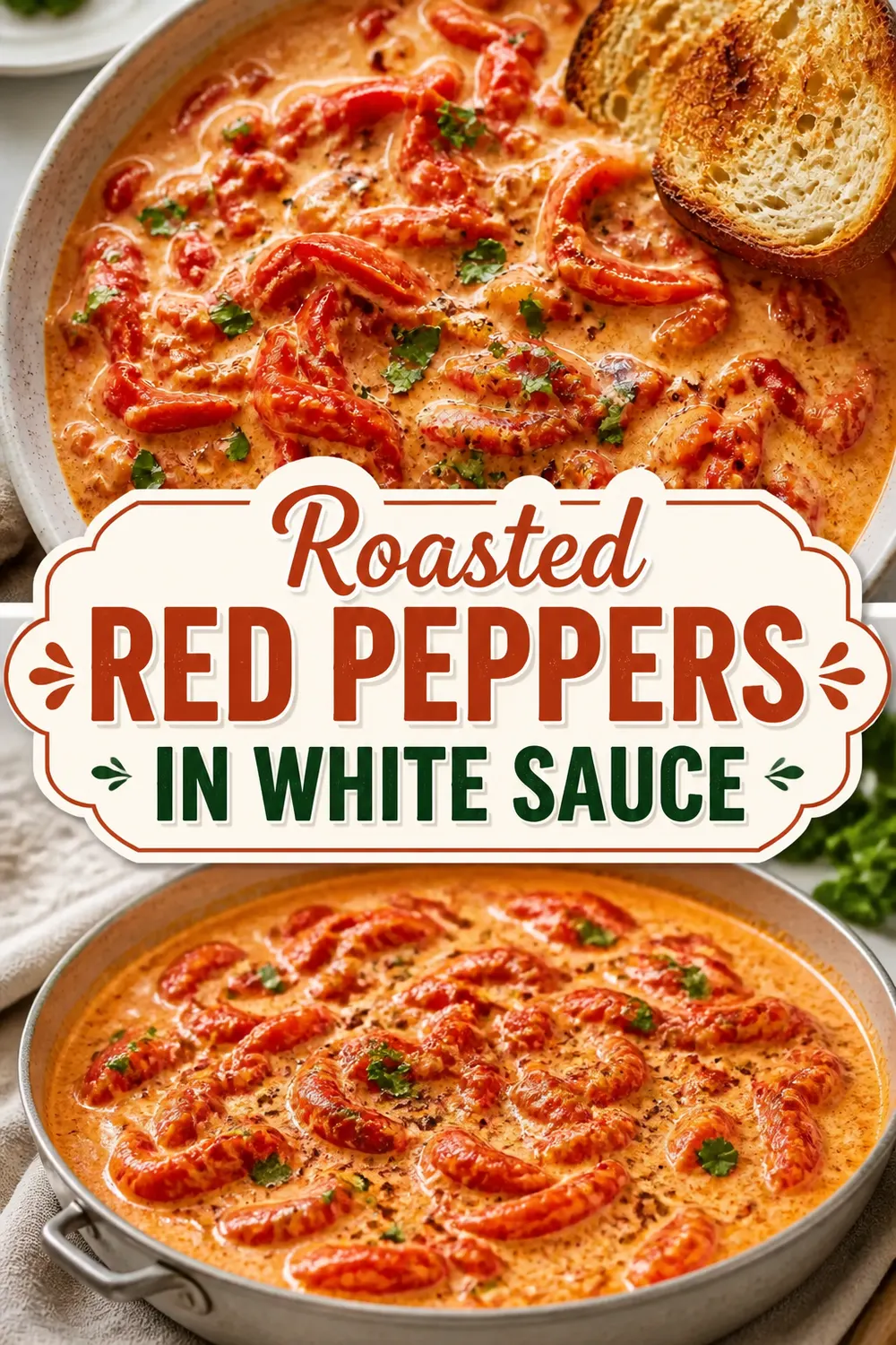Roasted Red Peppers in White Sauce Pinterest pin